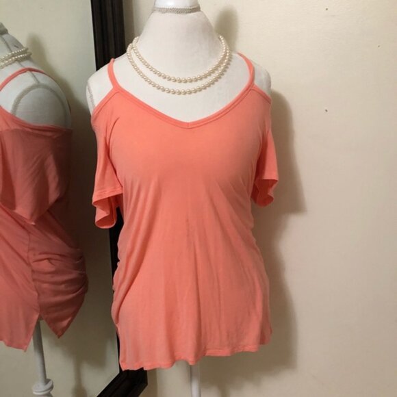 Victoria's Secret PINK | Coral Super Soft Cold Shoulder Cut Out Tee | Size Small - Picture 2 of 11